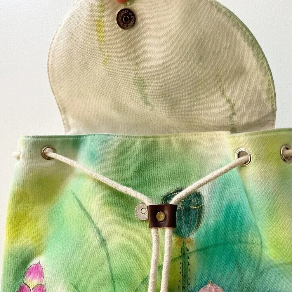 Hand Painted Canvas Backpack Floral Tulip Lily Green